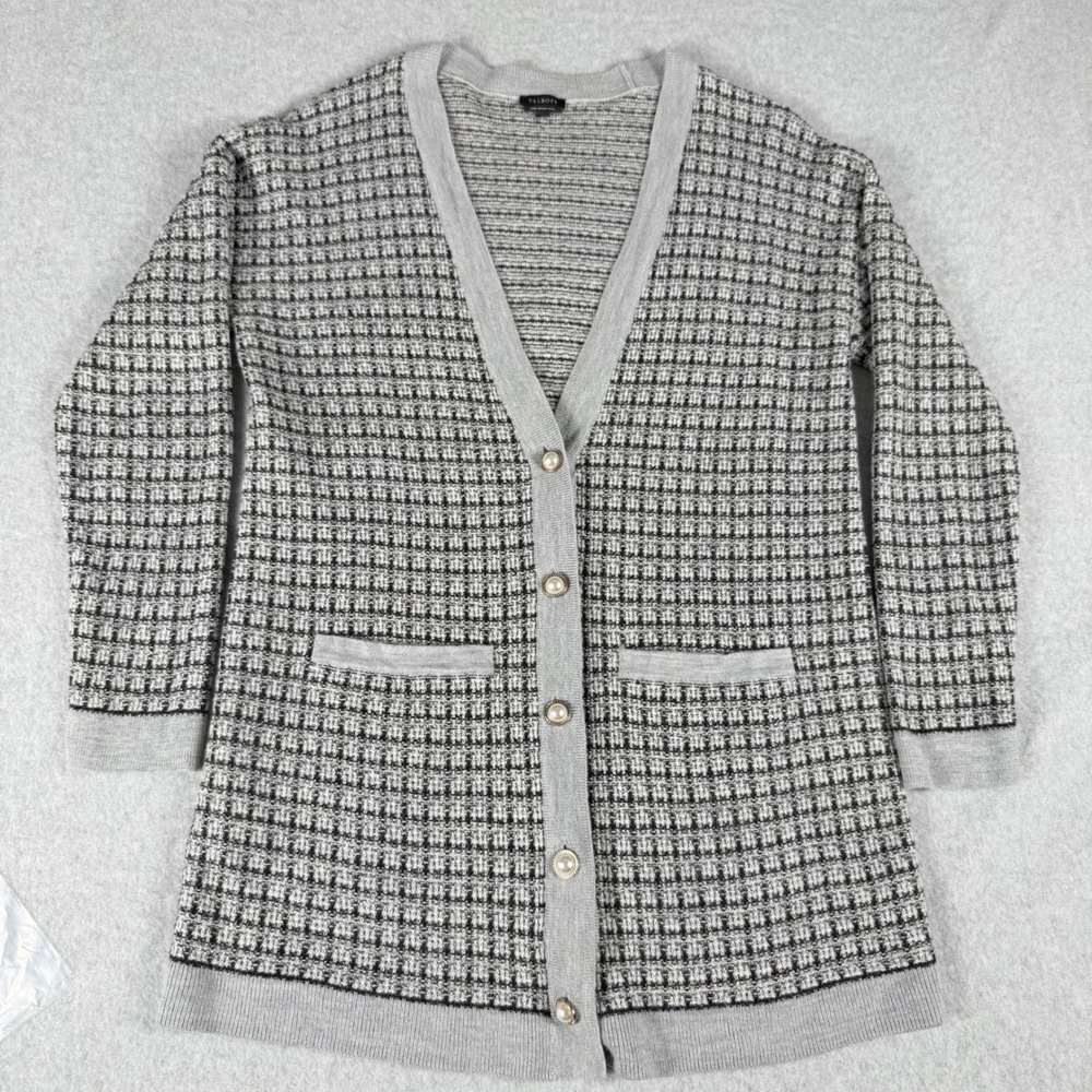 Talbots Merino Wool Cardigan M Grey Black Plaid Pearl Button Longline Academia